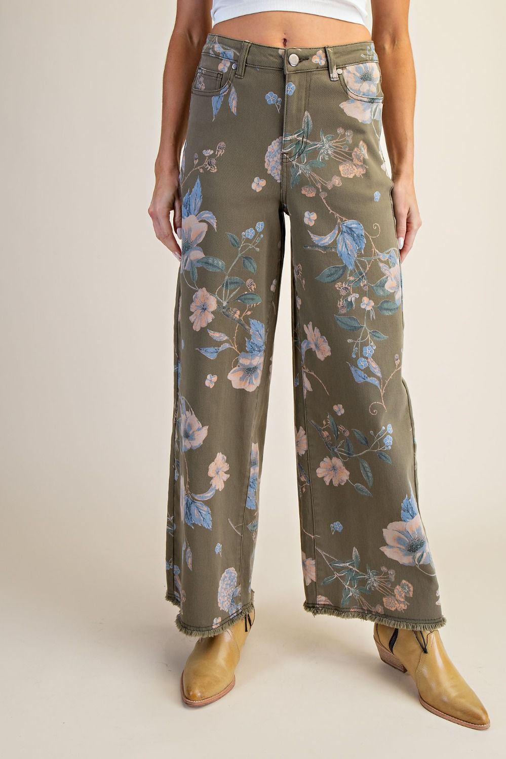 EB41372F Easel Faded Olive Flower Print Stretch Pants 0