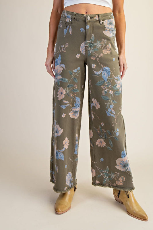 EB41372F Easel Faded Olive Flower Print Stretch Pants 0