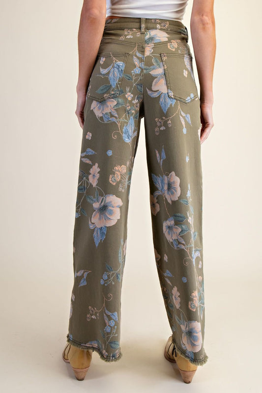 EB41372F Easel Faded Olive Flower Print Stretch Pants 0