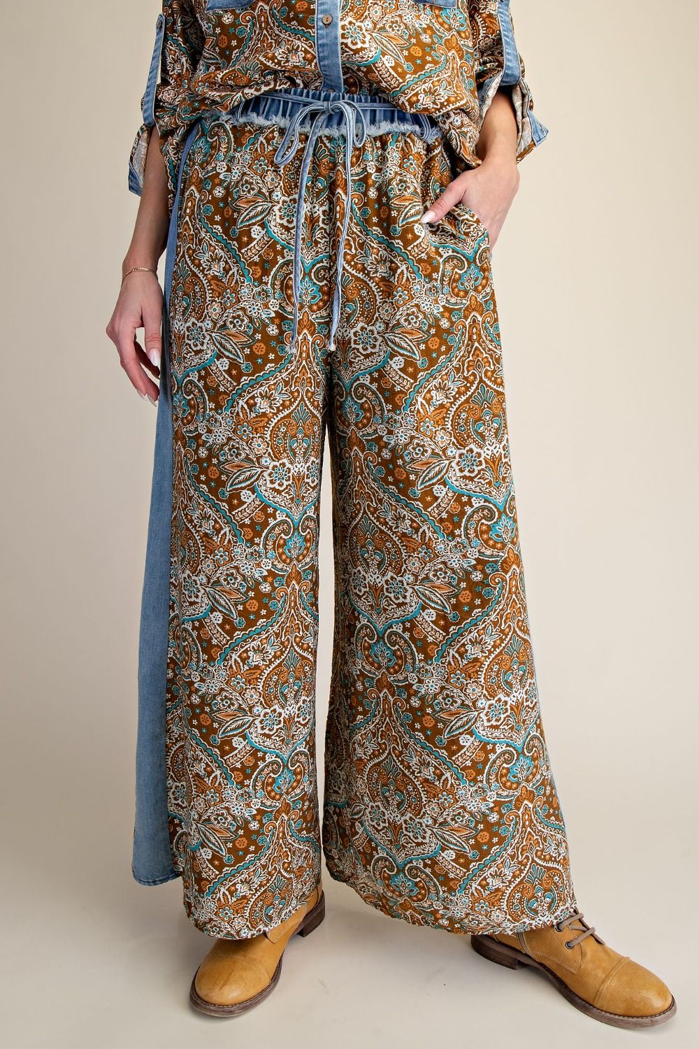 EB57959 Easel Denim Brown Mix Print Chambray Pants 0