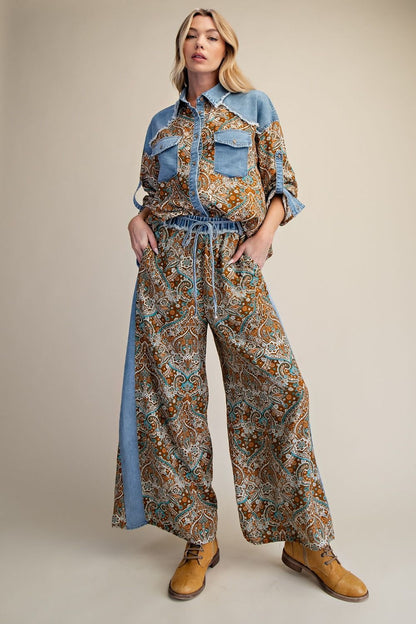EB57959 Easel Denim Brown Mix Print Chambray Pants 0