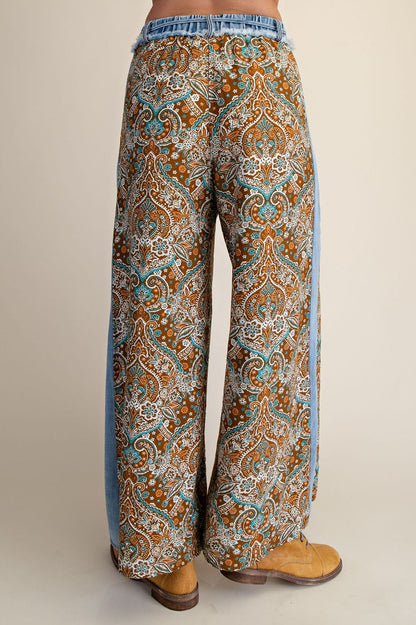 EB57959 Easel Denim Brown Mix Print Chambray Pants 0