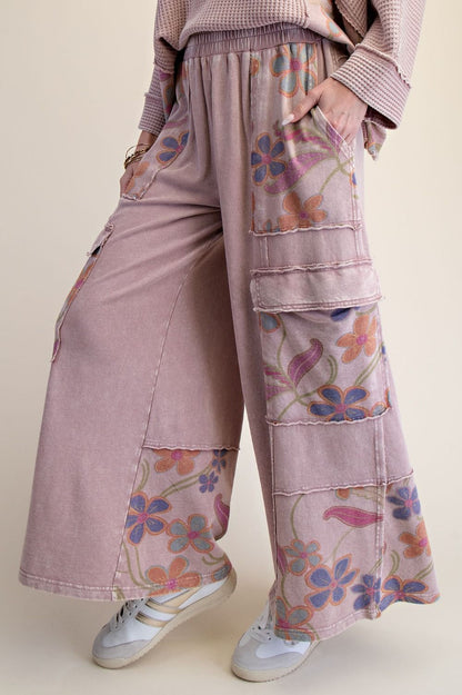 EB90255 Easel Mauve Mix Print Mineral Wash Pants 0
