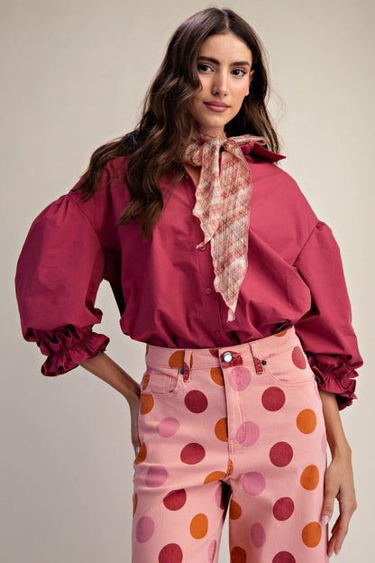 ET19050 Easel 3/4 Sleeve Berry Button Down Top 0