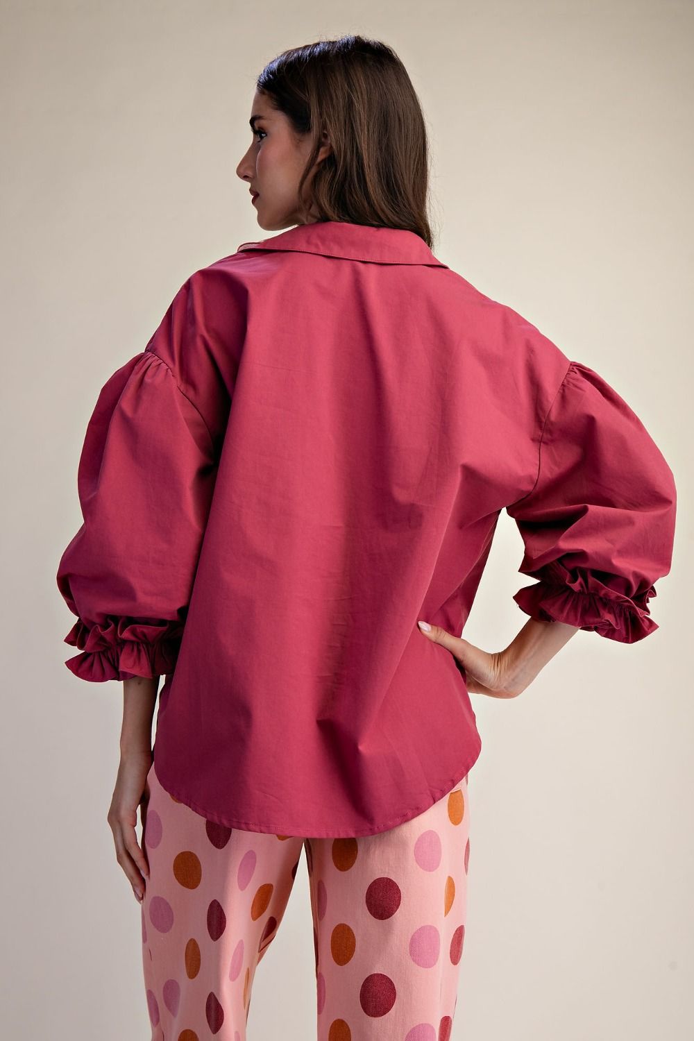 ET19050 Easel 3/4 Sleeve Berry Button Down Top 0