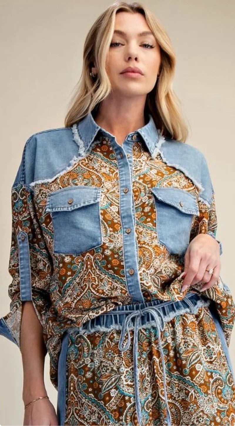 ET408352 Easel Long Sleeve Denim/Brown Mix Print Top 0