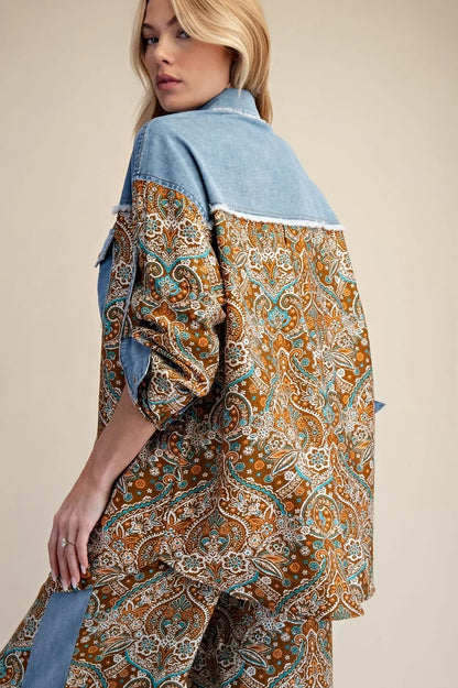 ET408352 Easel Long Sleeve Denim/Brown Mix Print Top 0