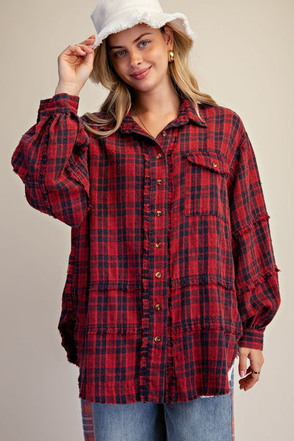 ET29760 Easel Red Long Sleeve Distressed Plaid Top 0