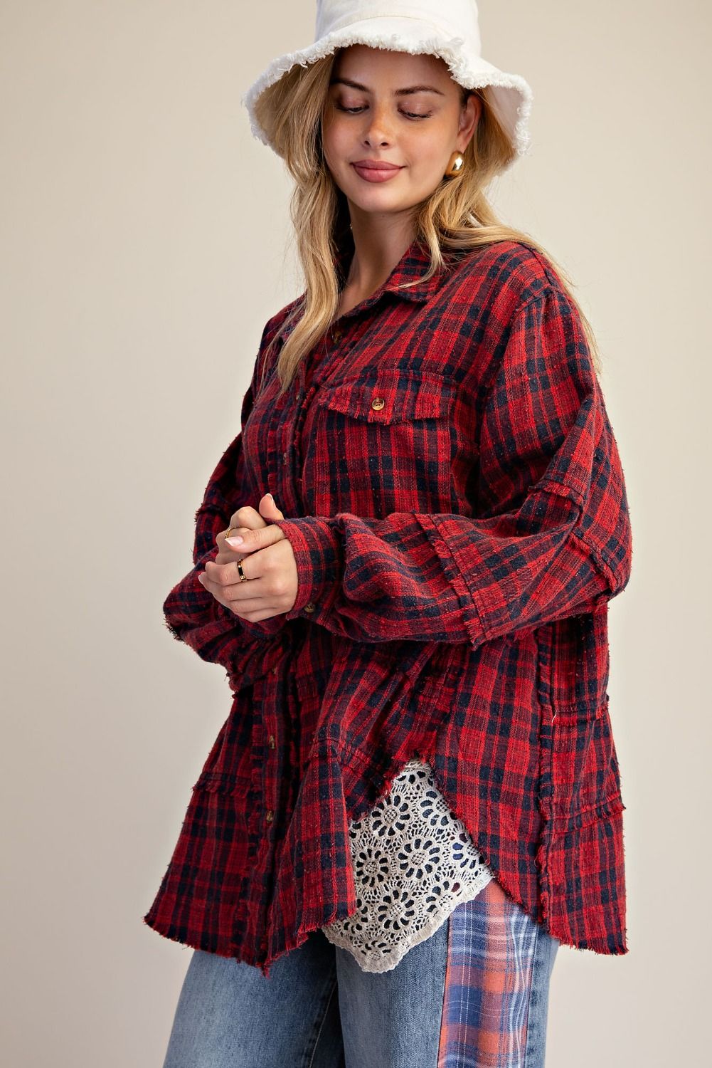 ET29760 Easel Red Long Sleeve Distressed Plaid Top 0