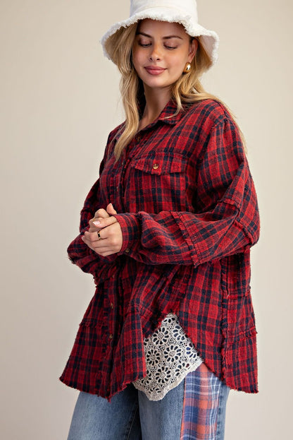 ET29760 Easel Red Long Sleeve Distressed Plaid Top 0