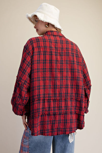 ET29760 Easel Red Long Sleeve Distressed Plaid Top 0
