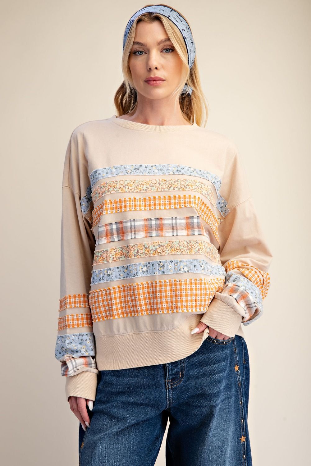 ET29887 Easel Khaki Long Sleeve Striped Mineral Wash Top 0