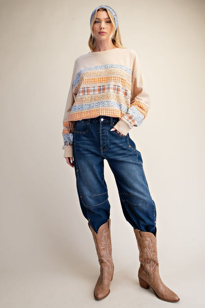 ET29887 Easel Khaki Long Sleeve Striped Mineral Wash Top 0