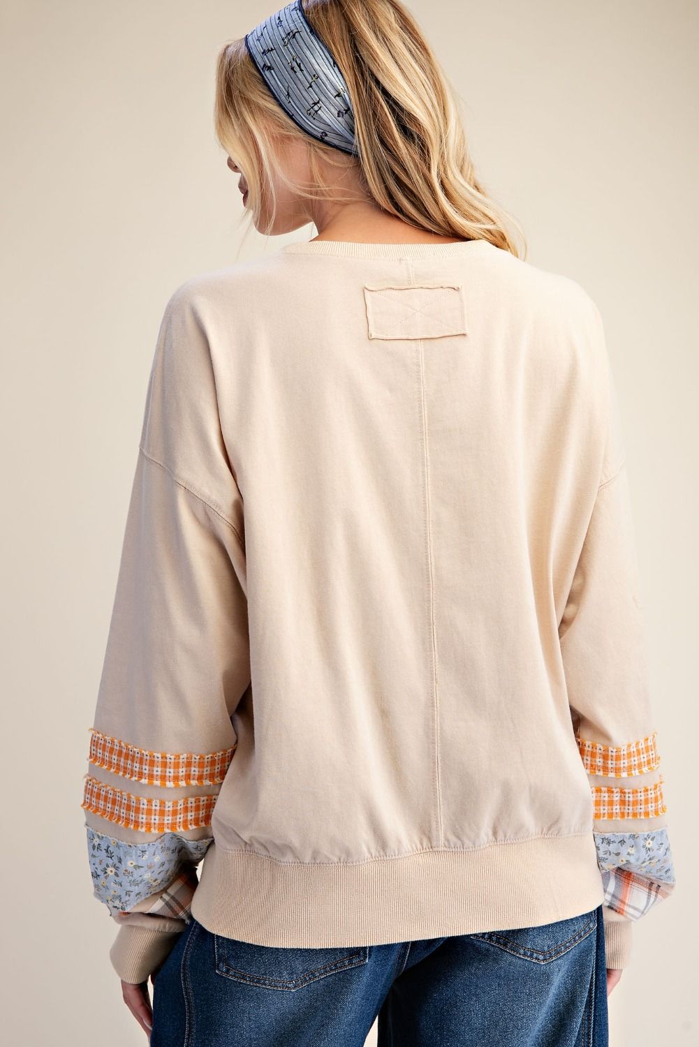 ET29887 Easel Khaki Long Sleeve Striped Mineral Wash Top 0