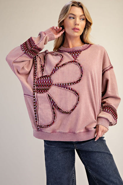ET72154 Easel Mauve Long Sleeve Flower Patch Top 0
