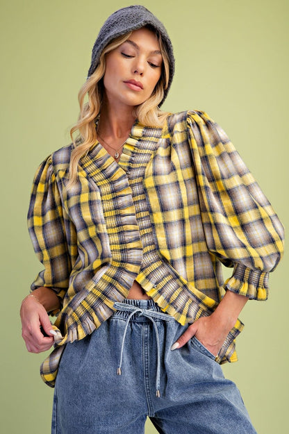 ST100268 Easel Yellow Plaid Ruffle Top 0