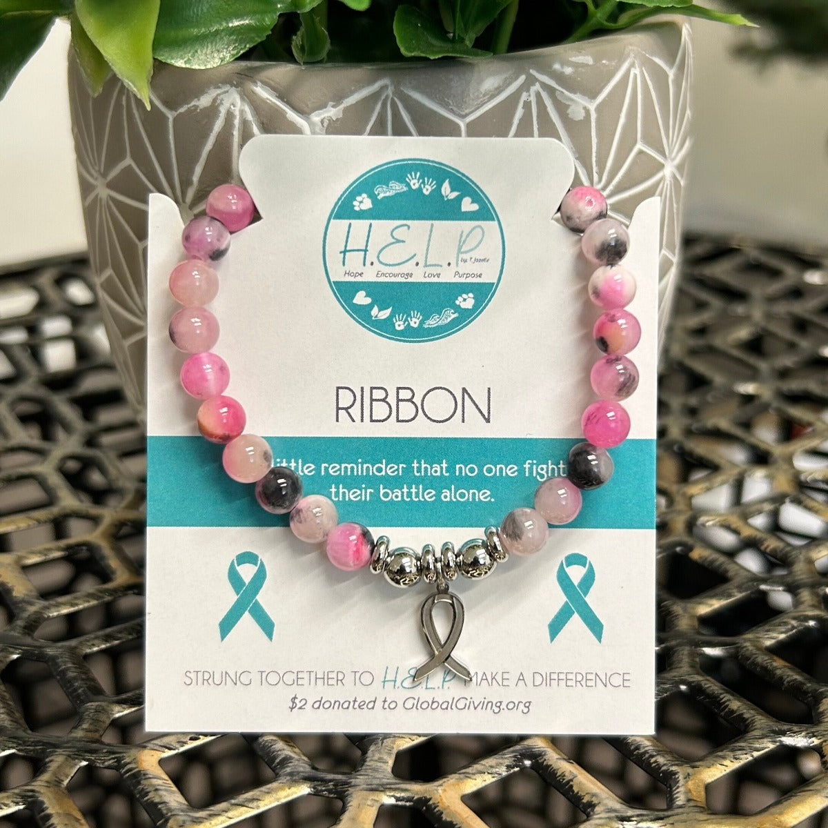 T. Jazelle Pink Zebra Jade Cancer Ribbon Bracelet
