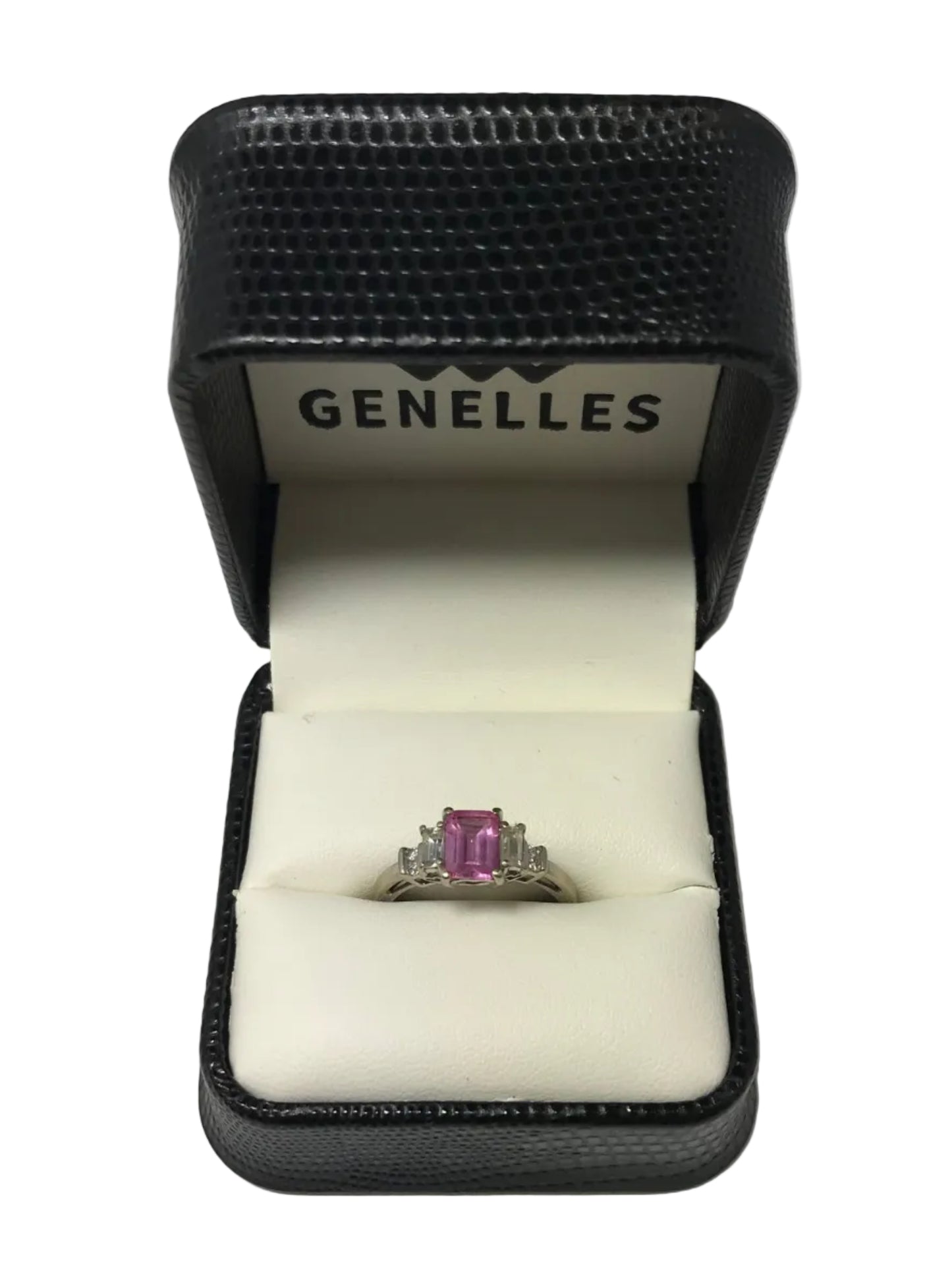 U 10K White Gold Pink / Clear Stone Ring with Heart cut out under Stones