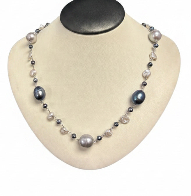 14KW 3.5-9MM Blue & Grey Freshwater Pearl Necklace - 18"
