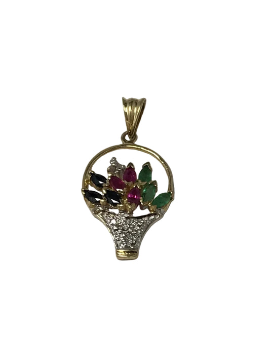 U 10K Yellow Gold Multi Colored Multi Stone Basket Pendant