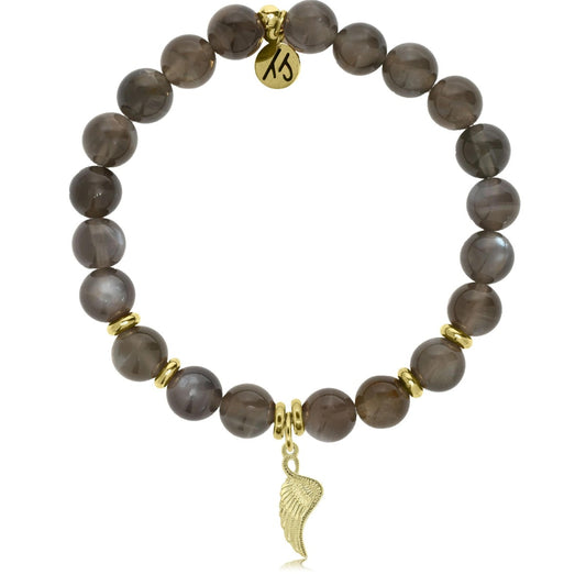 14K Gold Filled Sterling Silver Black Moonstone Beaded Stone Bracelet With Angel Blessing Gold Charm