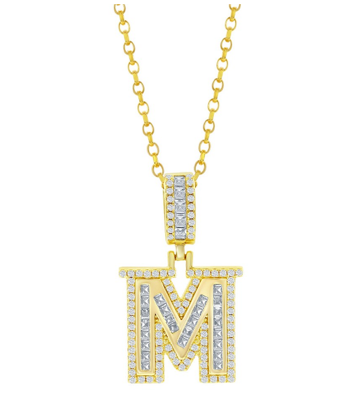 Sterling Silver Gold Tone "M" Baguette Cubic Zirconia