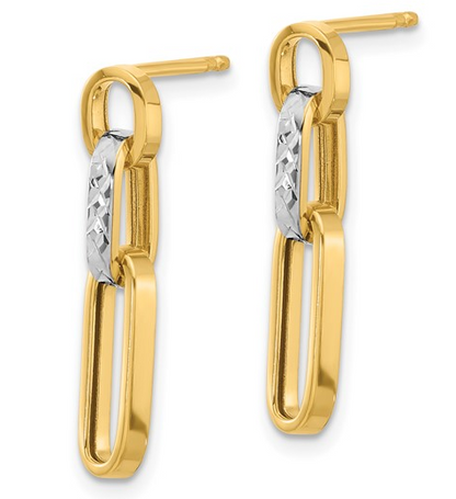 10K Two Tone Rhodium Polished Dimaond Cut Link Dangle Post Earrings