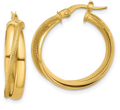10K Yellow Gold Polished and Textured Round Hoop Earrings