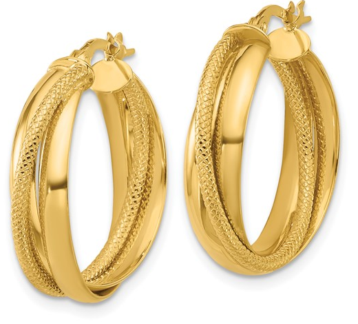 10K Yellow Gold Polished and Textured Round Hoop Earrings