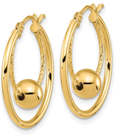 10K Yellow Gold Polished Textured with 6mm Ball Hoop Earrings