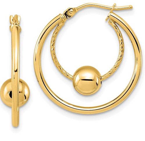10K Yellow Gold Polished Textured with 6mm Ball Hoop Earrings