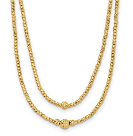 10K Yellow Gold Polished & Diamond Cut Beaded 2 Strand Necklace