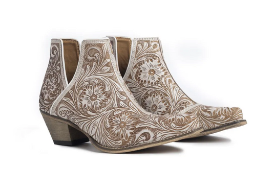 Western Moxie Hand-Tooled Booties in White Chocolate