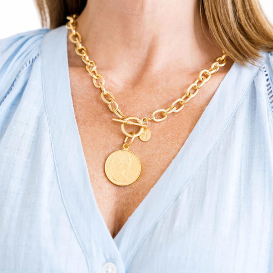 Susan Shaw Gold Queen Elizabeth Coin Toggle Necklace