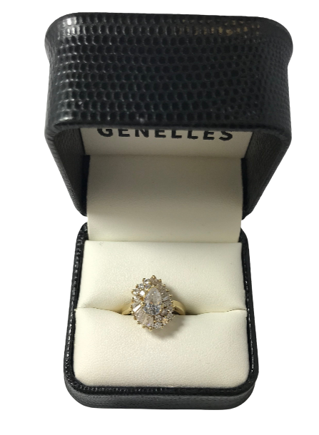 U 14K Yellow Gold CZ Cocktail Ring Pear CZ Center with CZ Rounds/Baguettes Ring