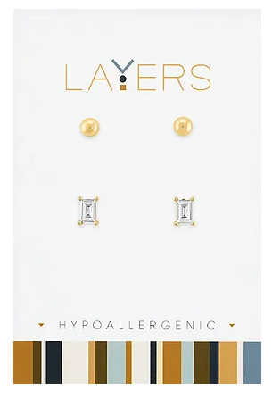Layers Gold Baguette & Ball Duo Earrings