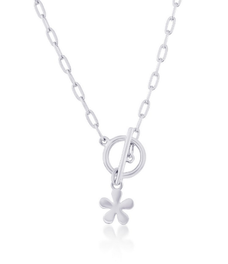 L-4394 Sterling Silver Flower Charm Paperclip Toggle Necklace 0