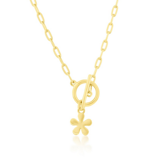 Gold Plated Sterling Silver Flower Charm Paperclip Toggle Necklace