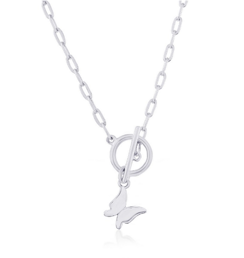 L-4395 Sterling Silver Butterfly Charm Paperclip Toggle Necklace 0