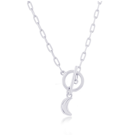 L-4397 925 Sterling Silver Crescent Moon Charm Paperclip Toggle Necklace 0