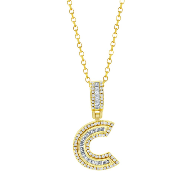 Sterling Silver Gold Plated "C" Baguette Cubic Zirconia Necklace
