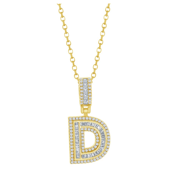 Sterling Silver Gold Plated "D" Baguette Cubic Zirconia Necklace