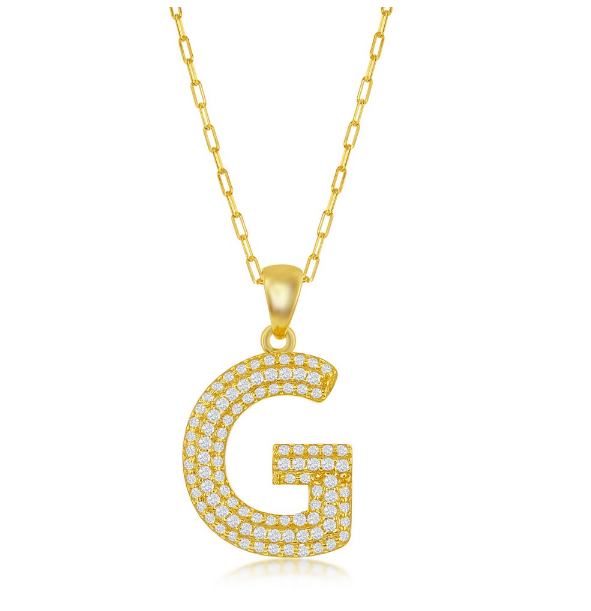 Sterling Silver Gold Plated "G" Micro Pave Cubic Zirconia Paperclip Necklace