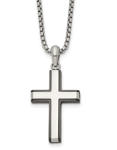 Stainless Steel Polished Black Edges Cross Necklace - 20"