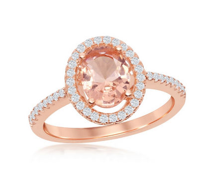 Sterling Silver Oval Morganite Cubic Zirconia with White Cubic Zirconia Ring