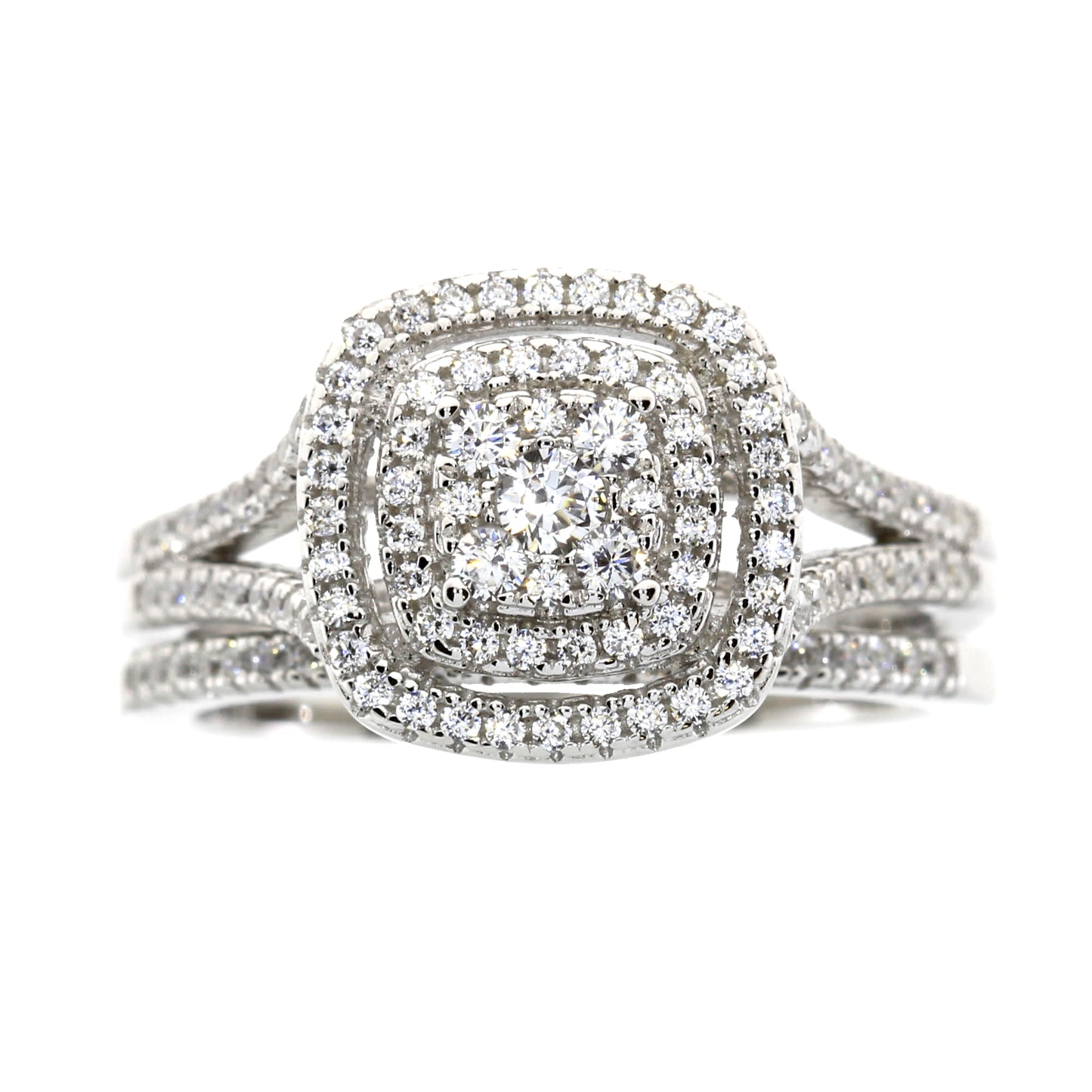 Sterling Silver Double Halo Cubic Zirconia Engagement Set