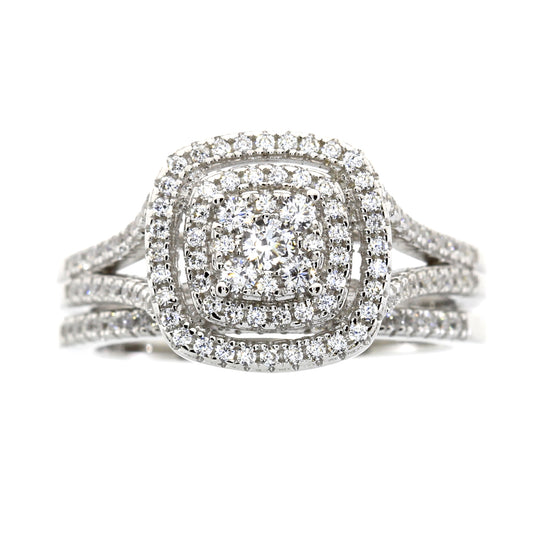 Sterling Silver Double Halo Cubic Zirconia Engagement Set