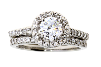 Sterling Silver CZ Round Halo Engagement Set
