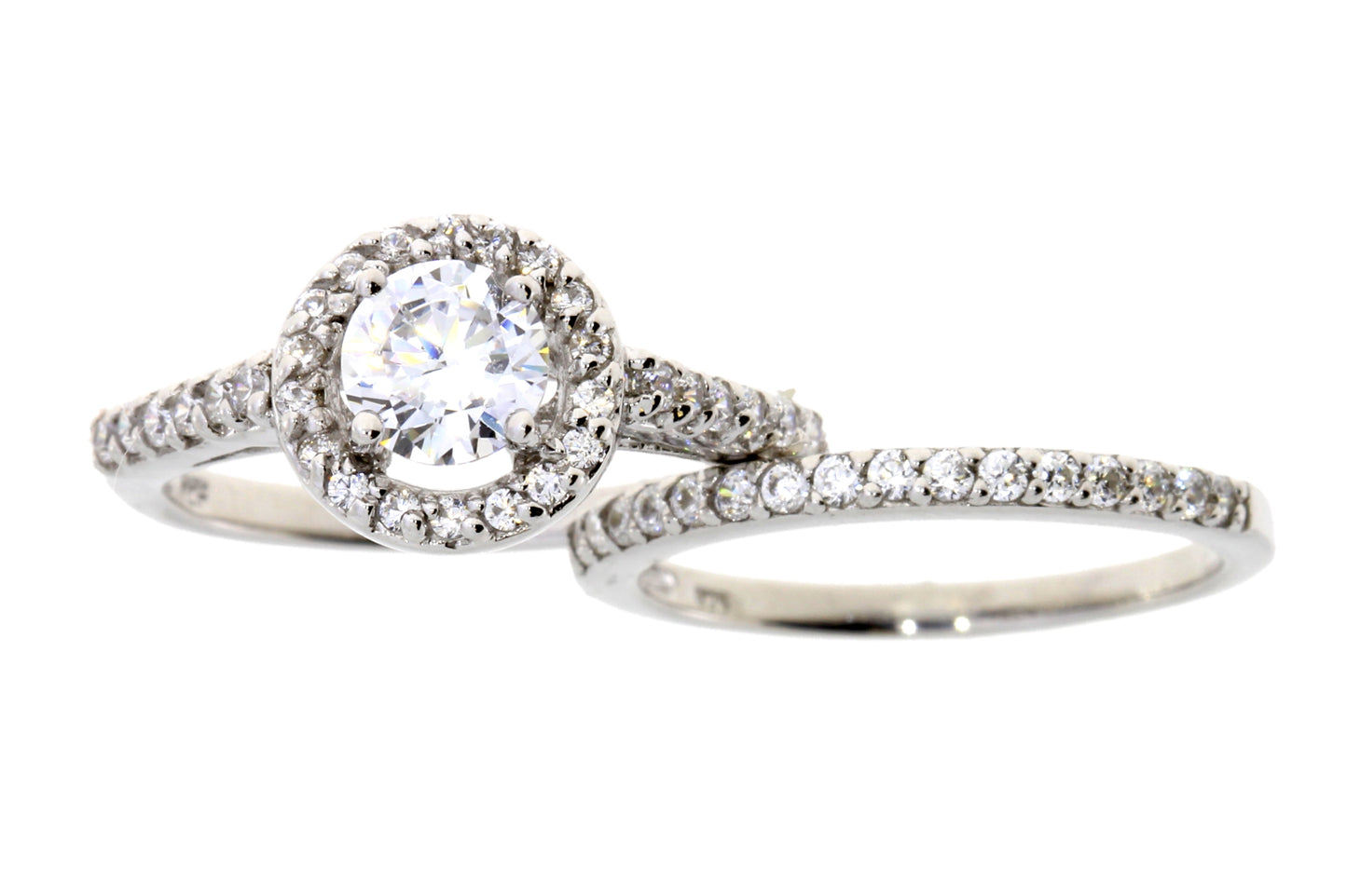 Sterling Silver CZ Round Halo Engagement Set