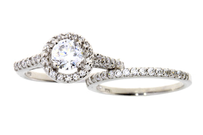 Sterling Silver CZ Round Halo Engagement Set